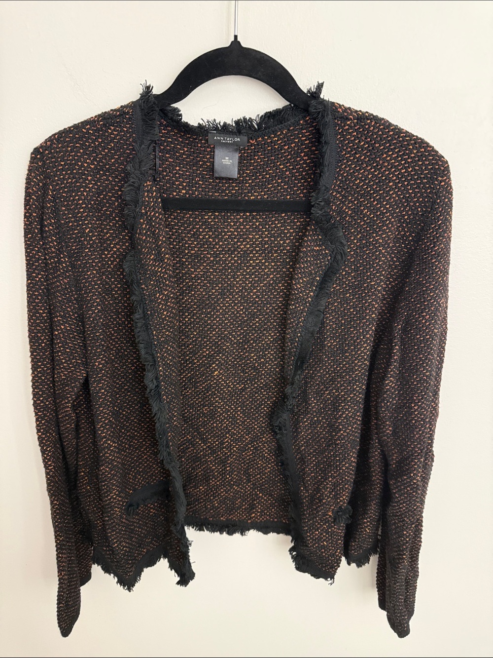Ann Taylor Black and Brown Fringe Open-Front Tweed Cardigan